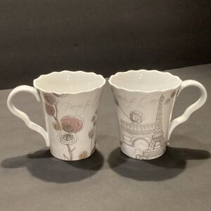 222 Fifth Porcelain Mugs with Pink Floral and Gray Eiffel Design